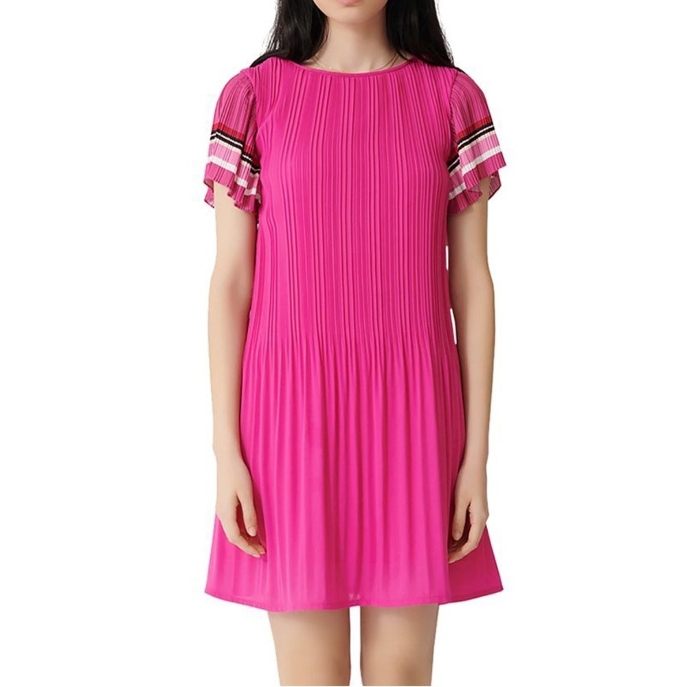 Maje Rolini Pleated Pink Striped Short Flare Sleeves Mini Dress Size 36 US Small